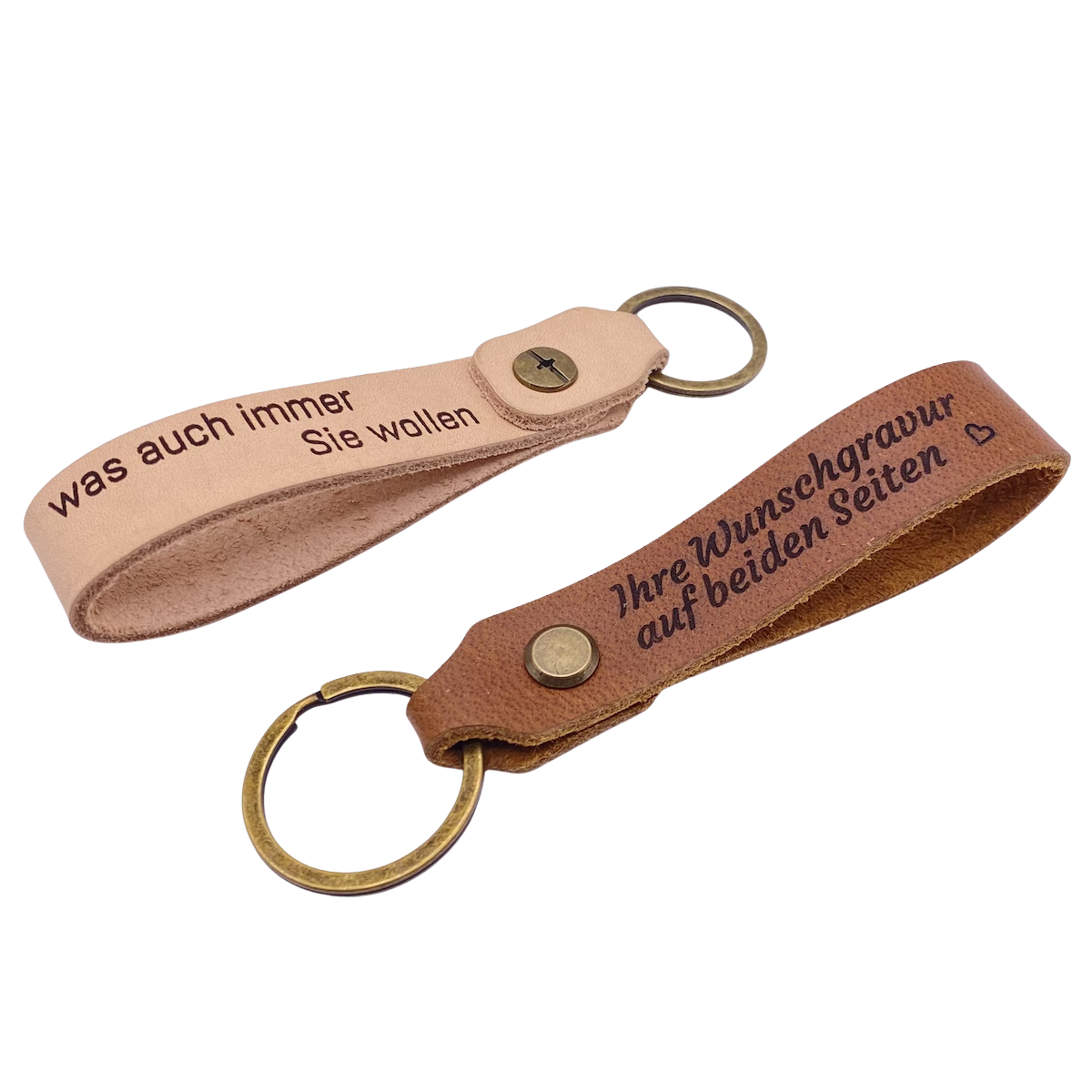 Leder Schlüsselanhänger 2mm naturbelassen und braun mit Bronze-Verschraubungen und Bronze-Schlüsselringe